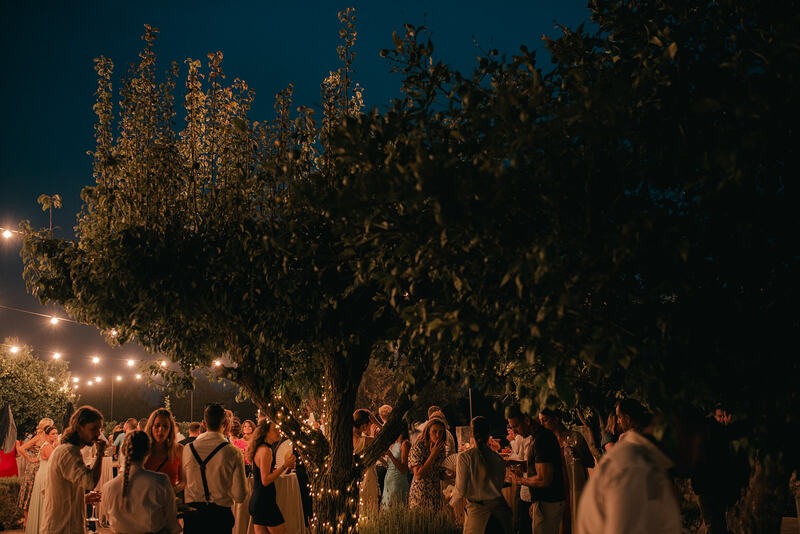 Invitados celebrando una boda al aire libre con luces y árboles decorados